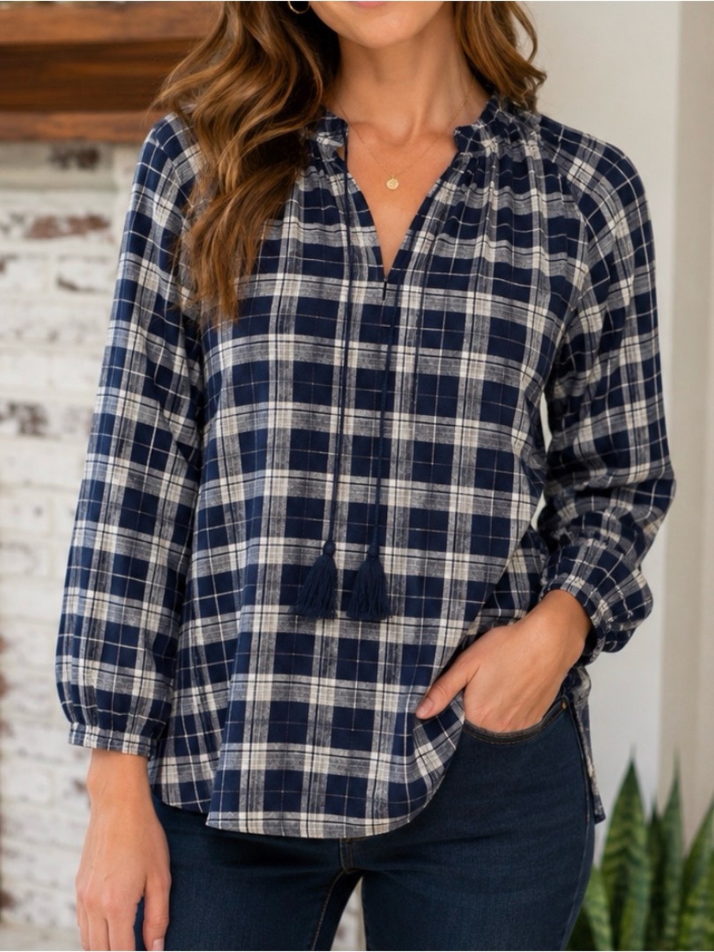 Madewell Navy and White Plaid Top